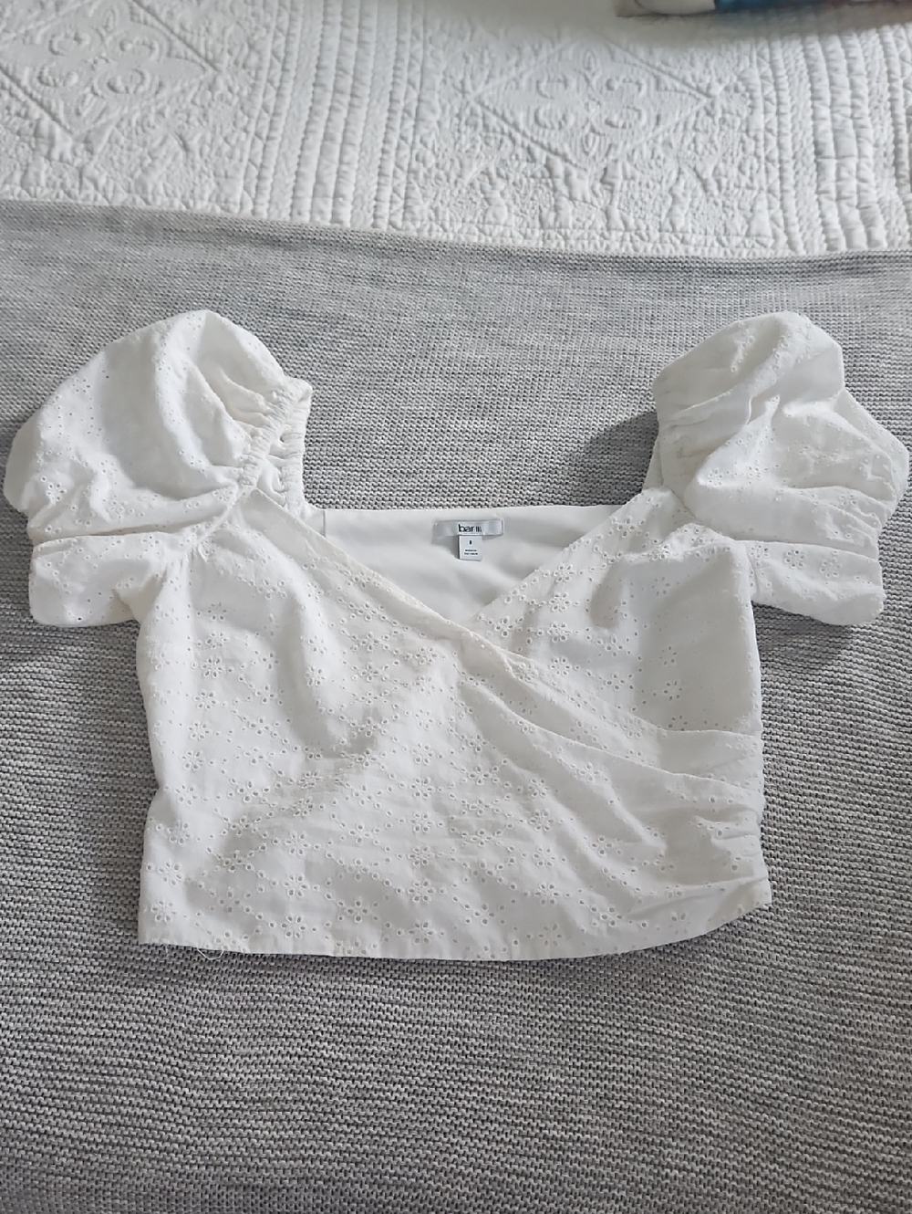 Bar III White Eyelet Puff Sleeve Crop Top - Size 8